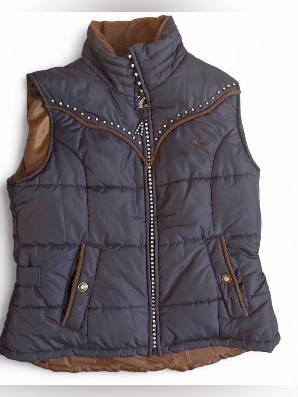 Quilted Sleeveless Puffer Vest with Stud Trim - Brown Trim on Dark Gray